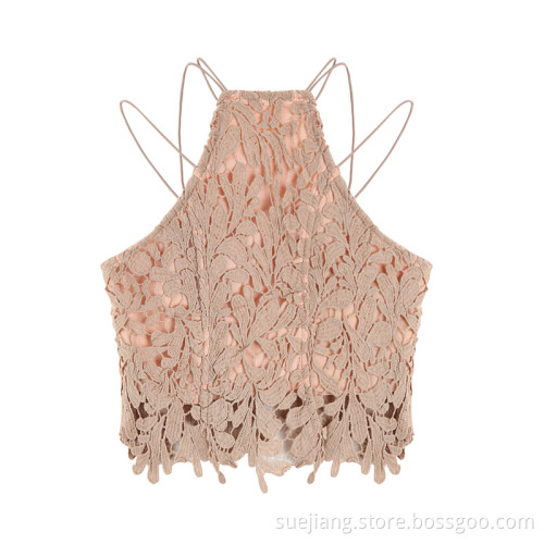 Sleeveless Hollow Out Lace Embroidery Crop Vest